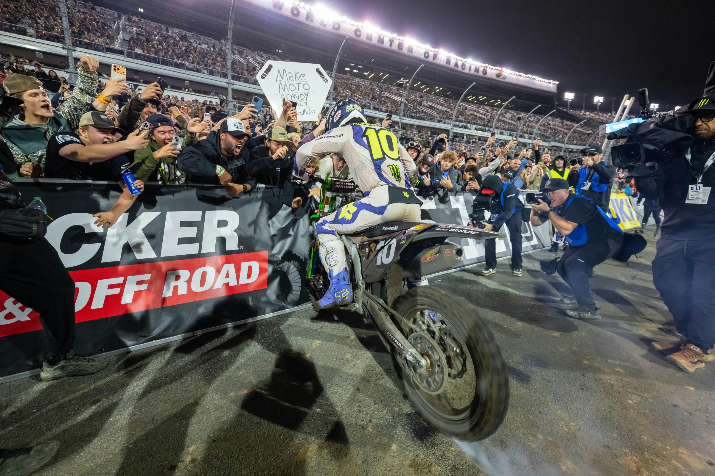 You gotta do the Daytona burnout! Hammaker said on the PulpMX Show that he was a little nervous doing the burnout, because he's not the tallest rider and didn't want to lose his balance.&nbsp;